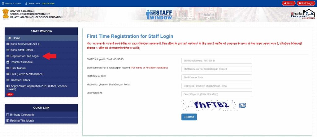 Registration for Staff Login